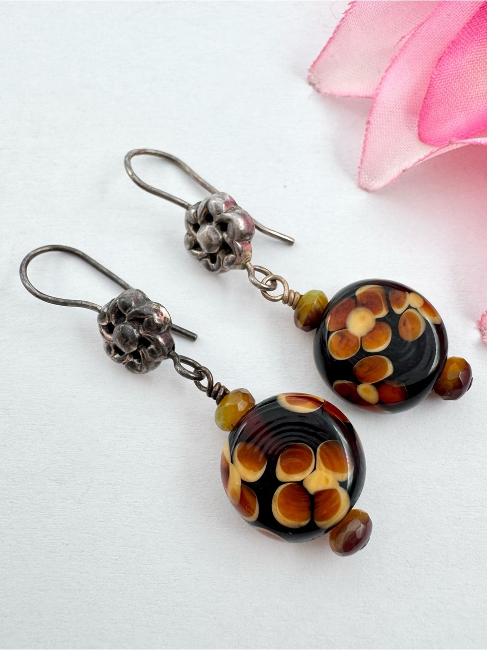 Vintage Patina Silver Millefiori Bead Earrings Floral Brown Yellow Acid Tested